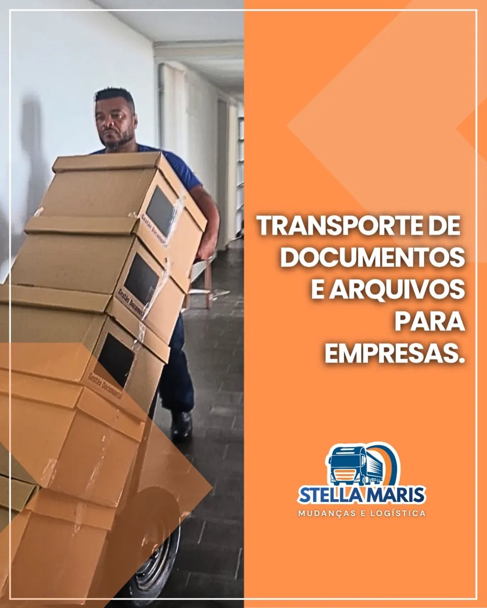 Funcionário levando caixas-arquivo num carrinho, ao lado do texto Transporte de documentos e arquivos para empresas