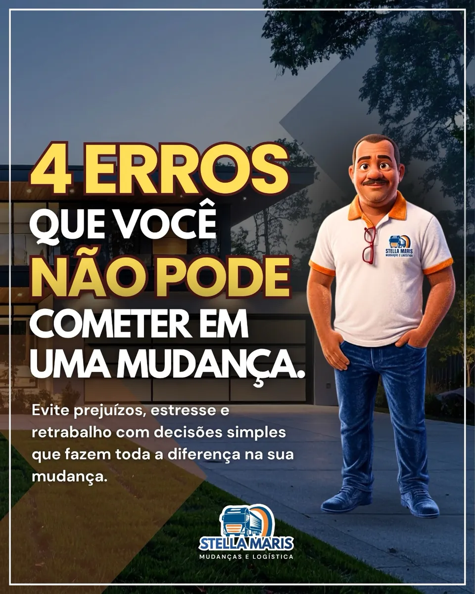 Arte com um personagem de camisa da empresa e o texto 4 erros que você não pode cometer em uma mudança